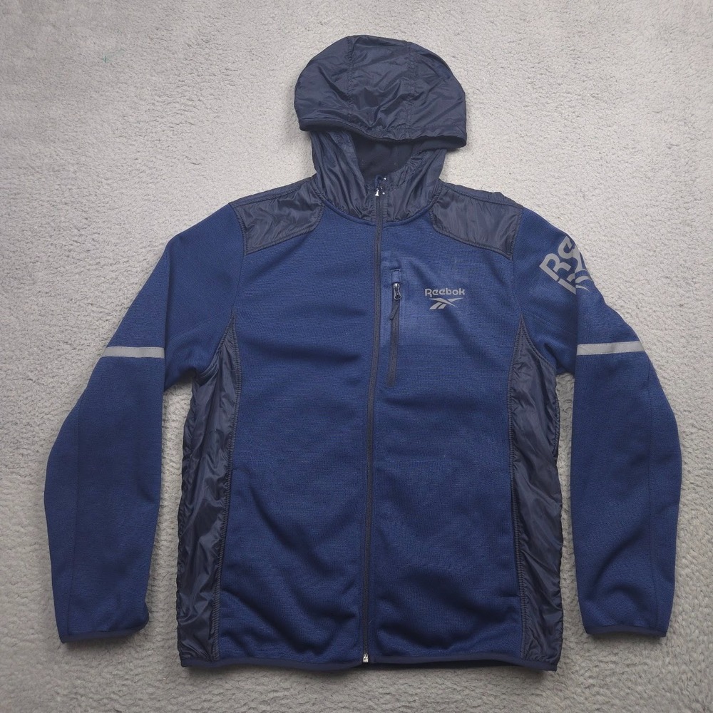 Reebok Men Large Hybrid Softshell Fleece Hooded Jacket Full Zip Navy Blue